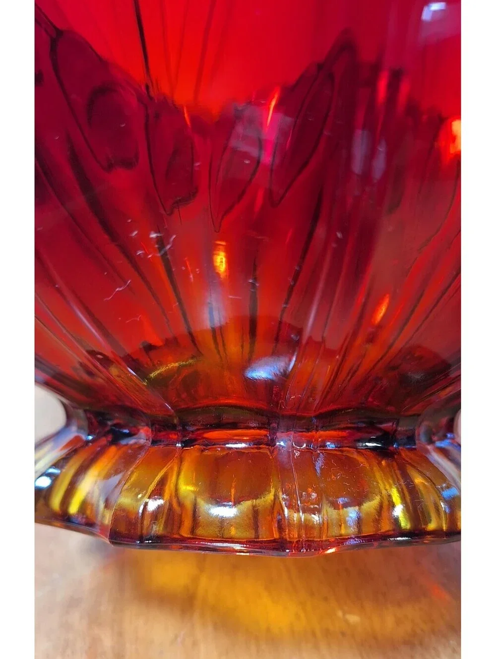 Indiana Glass Tiara Sunset Deep Red Calla Lily Leaf Footed Amberina Bowl 5”T 9”W